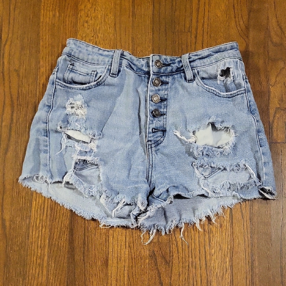 Nature Blue High-Waisted Jean Shorts with Distressed Details